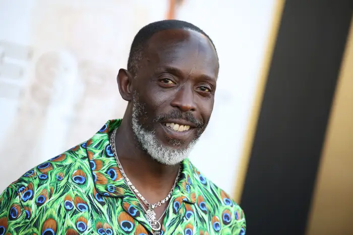 Michael K Williams smiles while wearing a bright green blue and pink patterned shirt